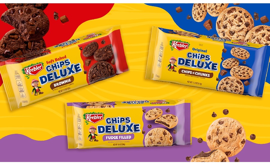 Three packages of Keebler Chips Deluxe cookies on colorful background