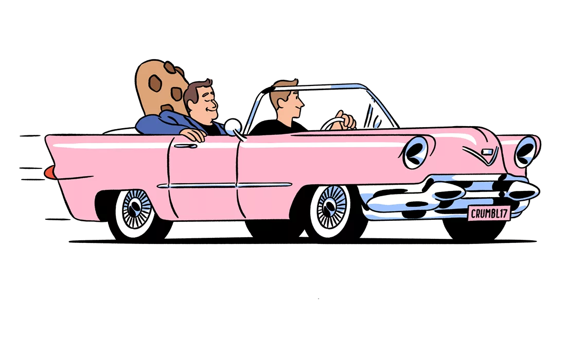Cartoon of two men driving a pink convertible car