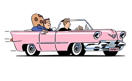 Cartoon of two men driving a pink convertible car