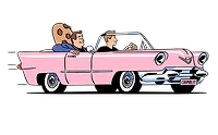 Crumbl- jason and sawyer.png Cartoon of two men driving a pink convertible car