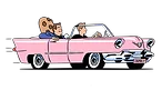 Cartoon of two men driving a pink convertible car