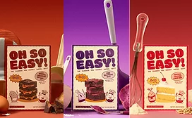 Three Oh So Easy baking mixes on colored backgrounds