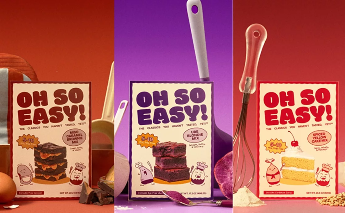 Three Oh So Easy baking mixes on colored backgrounds