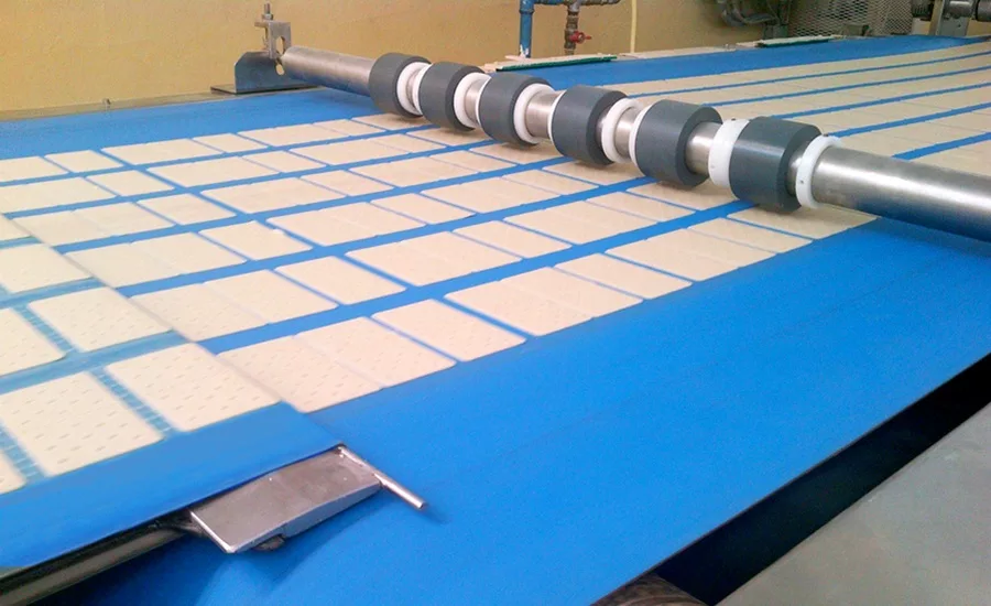 Pieces of dough moving on blue conveyor belt