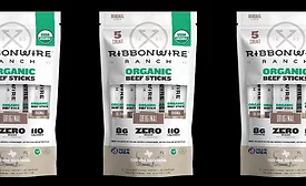 Three pouches of Ribbonwire Ranch organic meat snacks