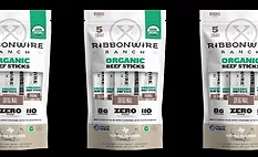 Three pouches of Ribbonwire Ranch organic meat snacks