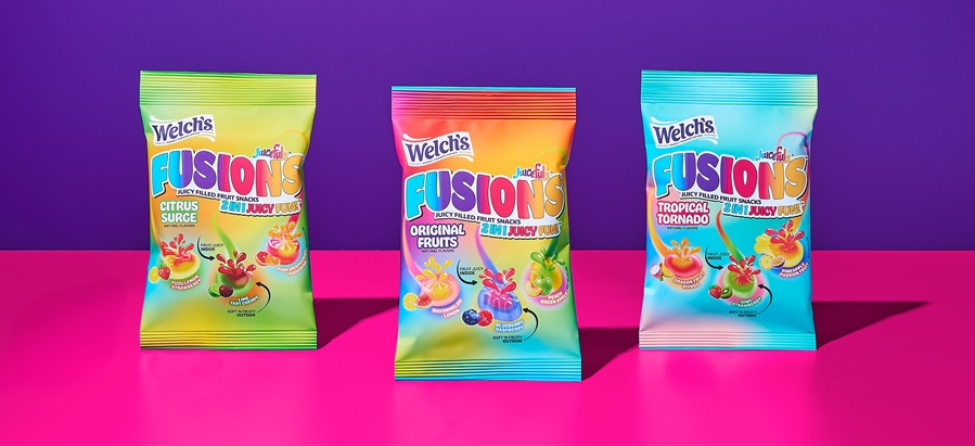 Three bags of Welch's Fusions fruit snacks on colorful background