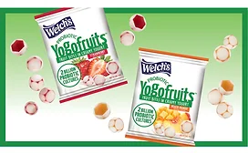 Packages of Welch's Yogofruits snacks over green and white background