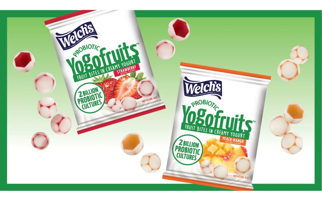 Packages of Welch's Yogofruits snacks over green and white background