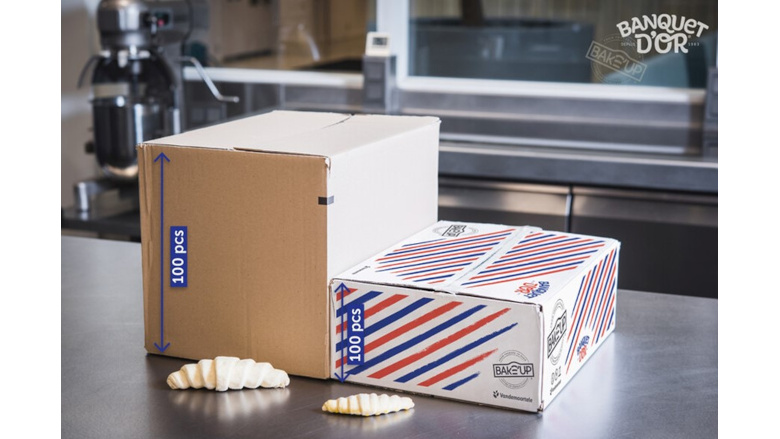 two boxes of Bake'Up croissants with a sample of what each box contains.