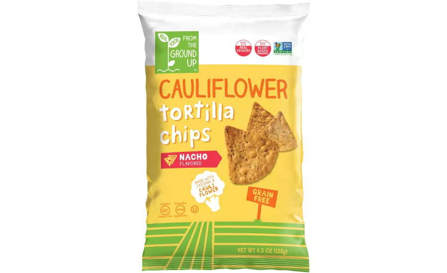 REAL FOOD FROM THE GROUND UP cauliflower based pretzels and tortilla chips