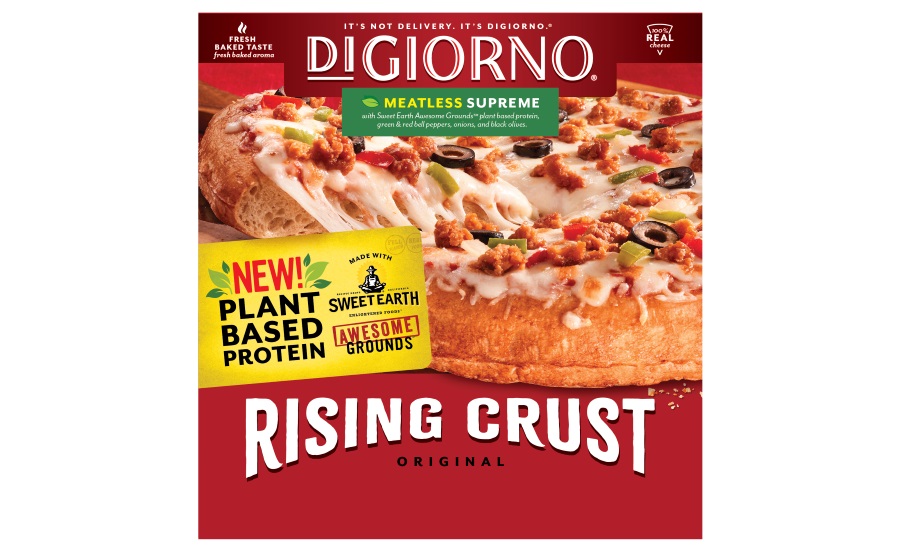 DIGIORNO Rising Crust Meatless Supreme pizza with SWEET EARTH Awesome Grounds