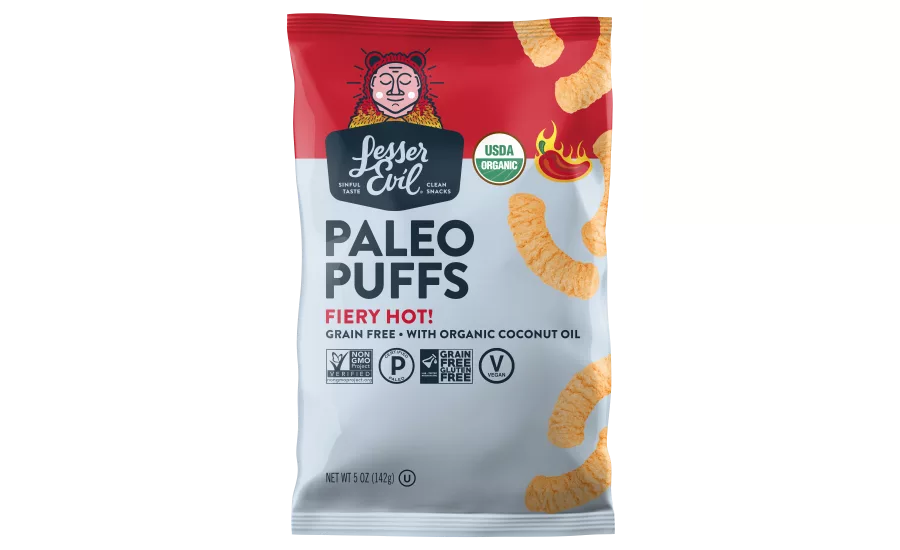 LesserEvil Grain Free Veggie Sticks, Fiery Hot Grain Free Paleo Puffs, and Pumpkin Spice Organic Popcorn