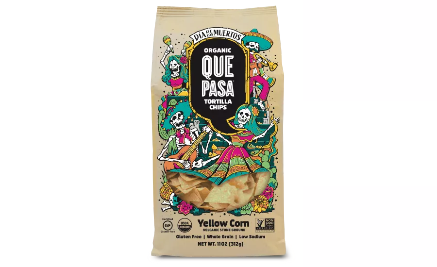 Que Pasa Day of the Dead tortilla chips limited run out now in Whole Foods