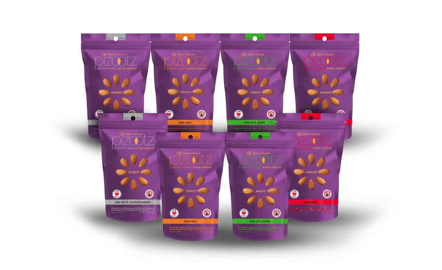 Pizootz almonds and peanuts, with new packaging