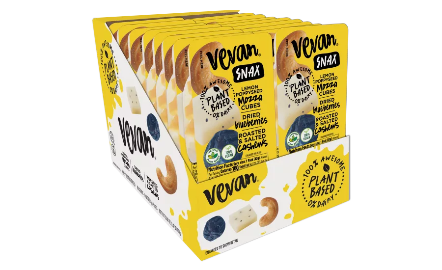 Vevan Snax, with vegan cheese and fruit and nut mixes
