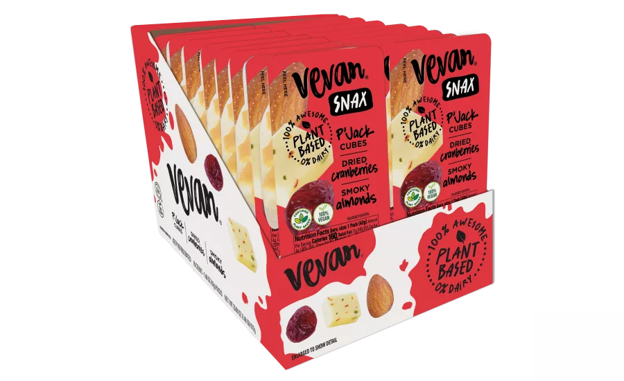 Vevan Snax, with vegan cheese and fruit and nut mixes