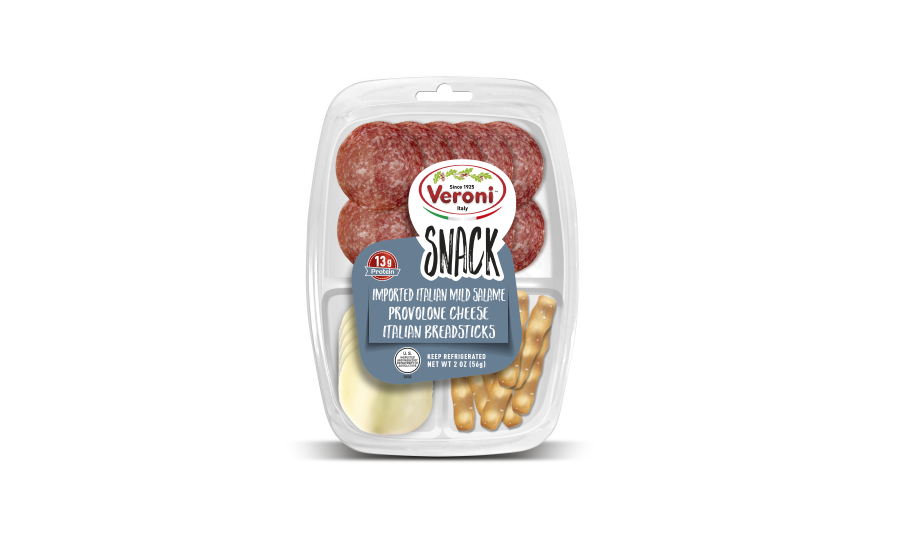 Veroni authentic Italian salami snack packs with dried fruit and breadsticks