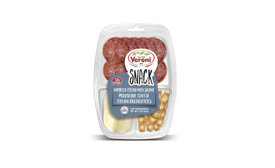 Veroni authentic Italian salami snack packs with dried fruit and breadsticks