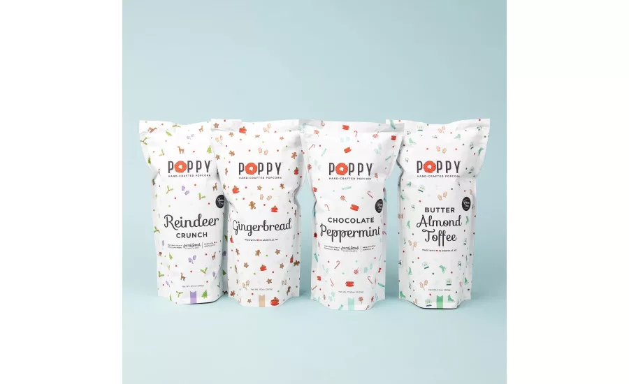 Poppy mid-century holiday tins and holiday market bags popcorn