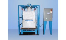 Material Transfer food grade bulk bag conditioner and four post bulk bag filler with densification system