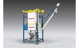 Flexicon mobile bulk bag discharger with mobile flexible screw conveyor, hopper