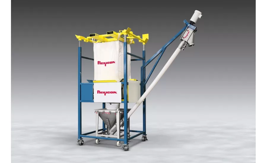 Flexicon mobile bulk bag discharger with mobile flexible screw conveyor, hopper