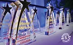 2024 winner awards lined up on a table
