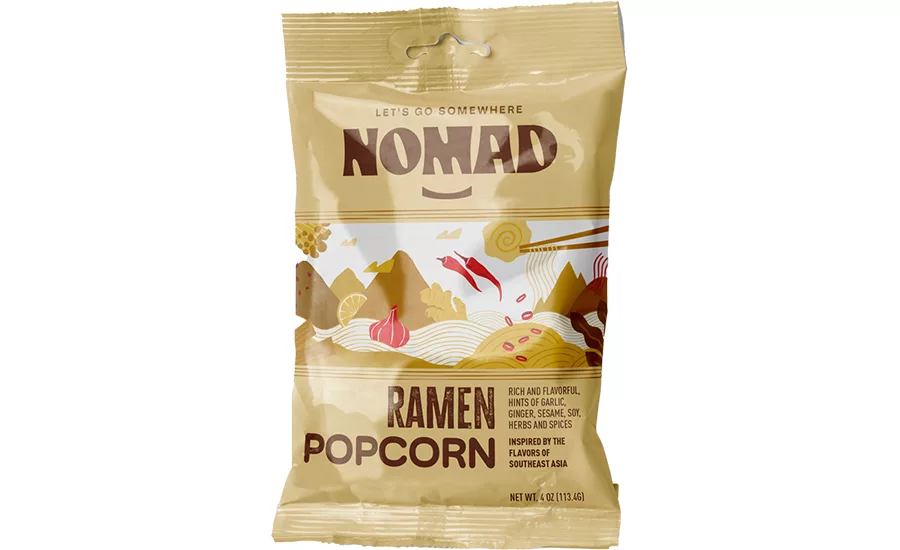 Nomad ramen popcorn in beige pouch packaging