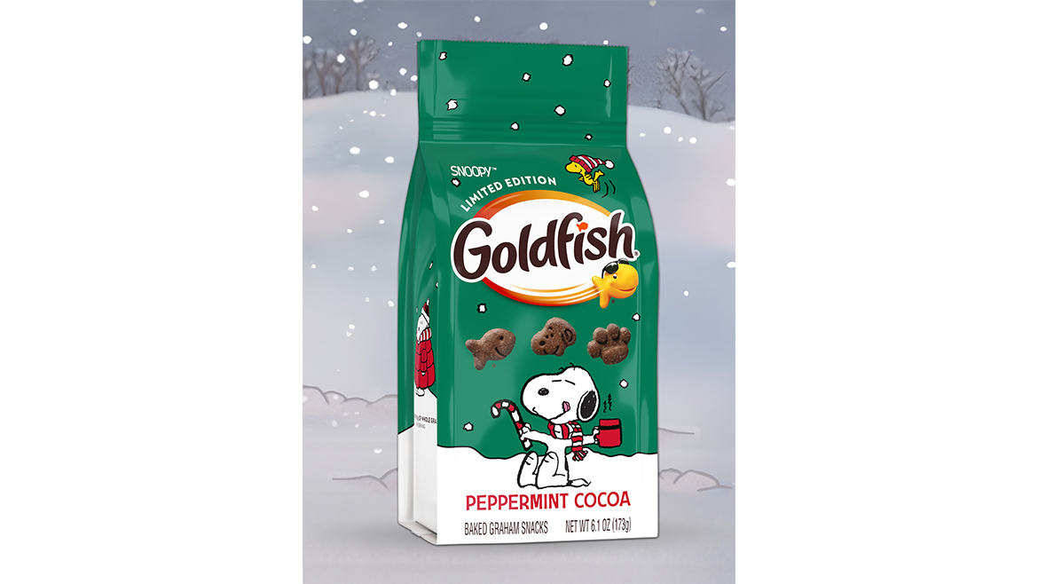 a bag of limited edition Goldfish Snoopy Peppermint Cocoa Baked Graham Snacks