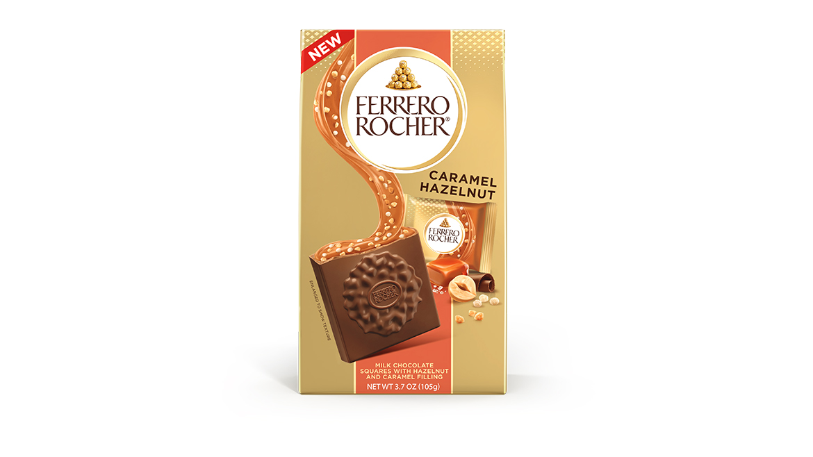 Gold pouch of Caramel Hazelnut Ferrero Rocher Chocolate Squares