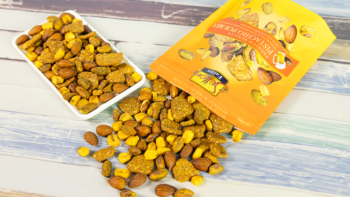 Pouch and tray of Setton Farms Pub mix on table