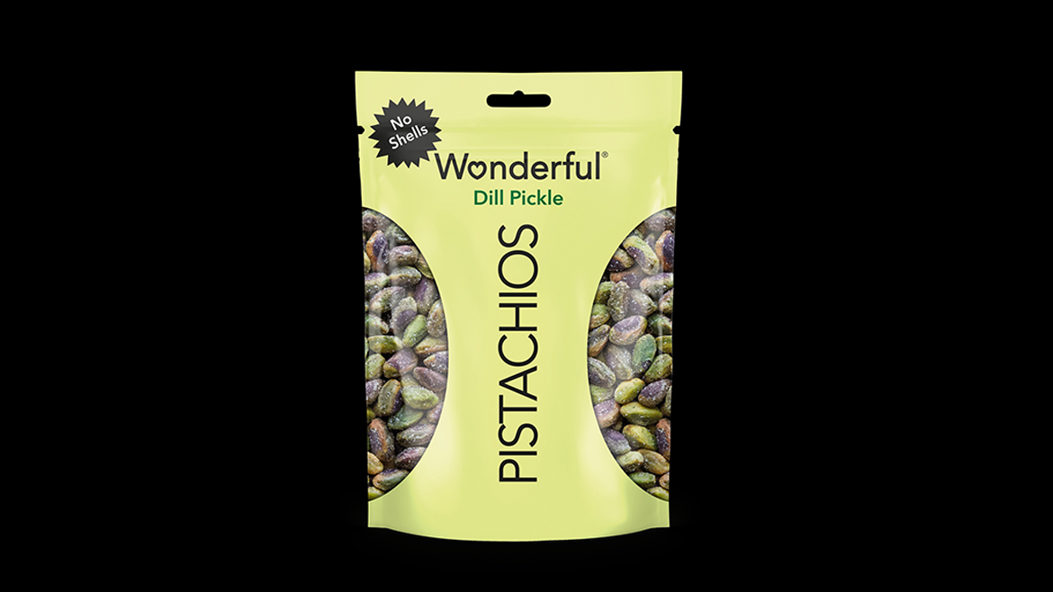 a bag of Wonderful Pistachios No Shells Dill Pickle flavored nuts