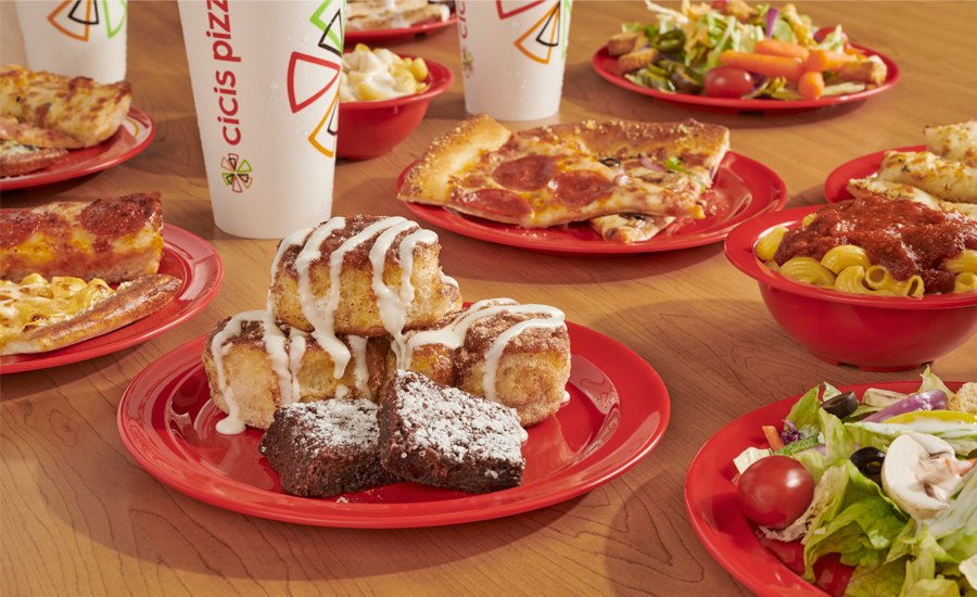 cicis pizza dessert, pizza and salad