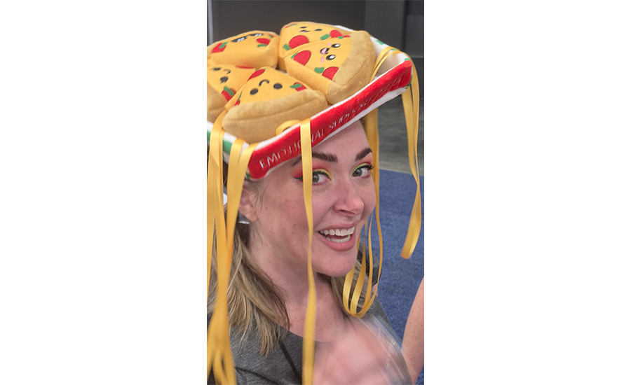 woman with a pizza hat