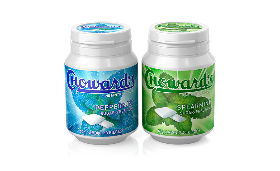two varieties of Choward's sugar-free chewing gum: Peppermint and Spearmint.