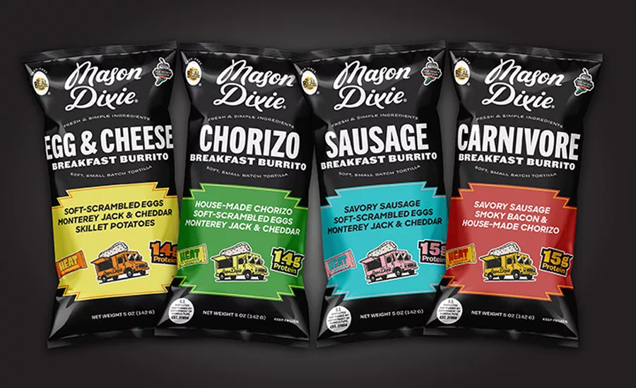 four varieties of breakfast burritos from Mason Dixie Foods