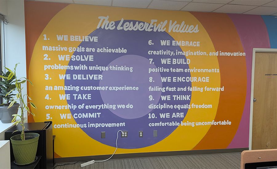 The image displays "The LesserEvil Values," which are a set of ten core principles guiding the company's philosophy and operations