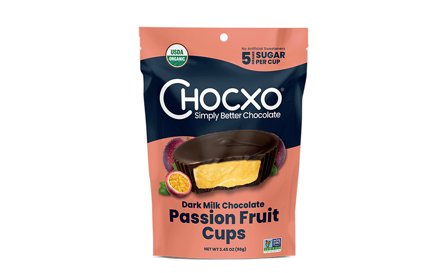 Chocxo Simply Better Chocolate Dark Milk Chocolate Passion Fruit Cups. 