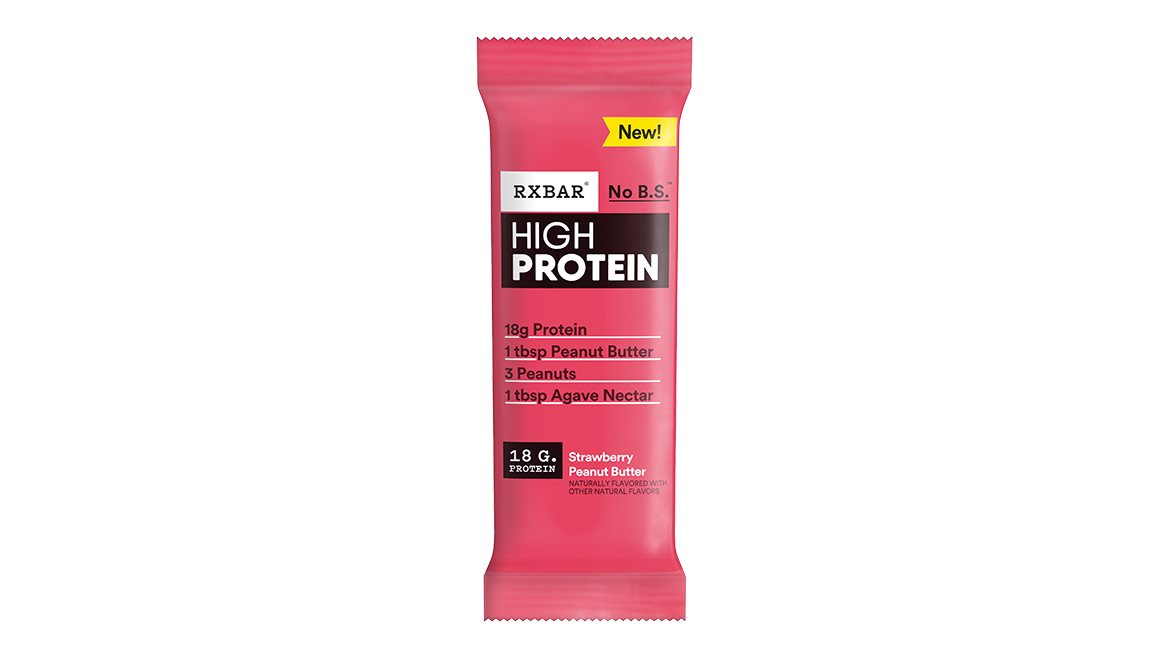 RXBar High Protein Strawberry Peanut Butter bar in pink packaging.