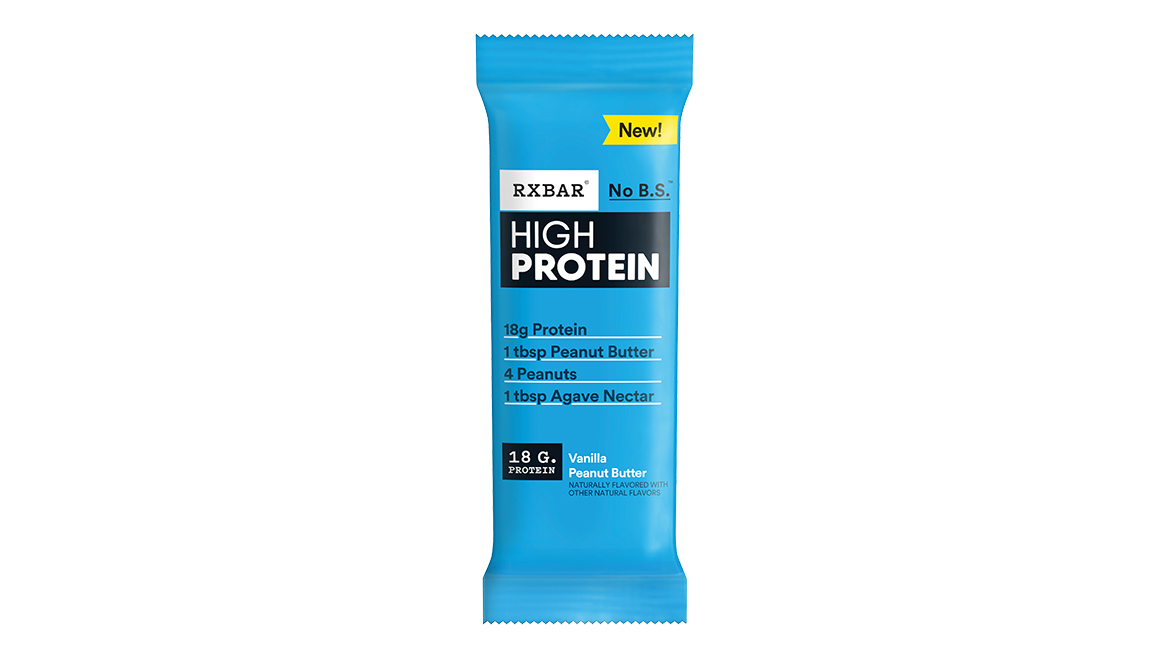RXBar High Protein Vanilla Peanut Butter bar in pink packaging.
