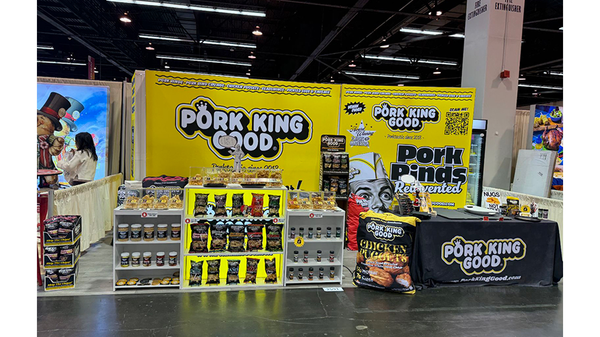 Yellow and black Pork King Good tradeshow display