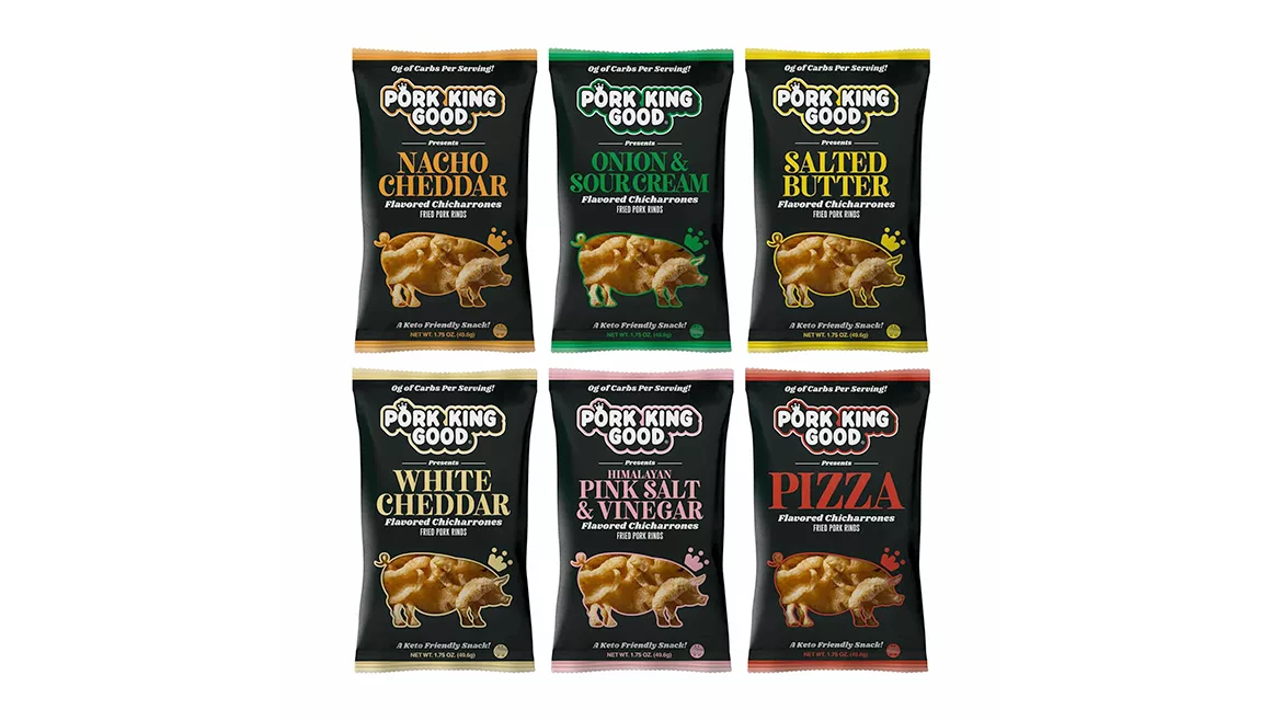 Packages of assorted Pork King Good pork rinds flavors