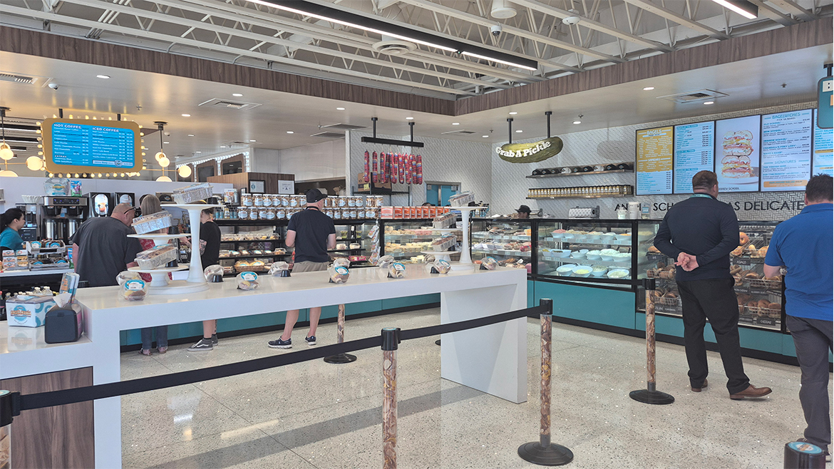 Long shot of Siegel’s Bagelmania/Pinkbox Doughnuts restaurant interior