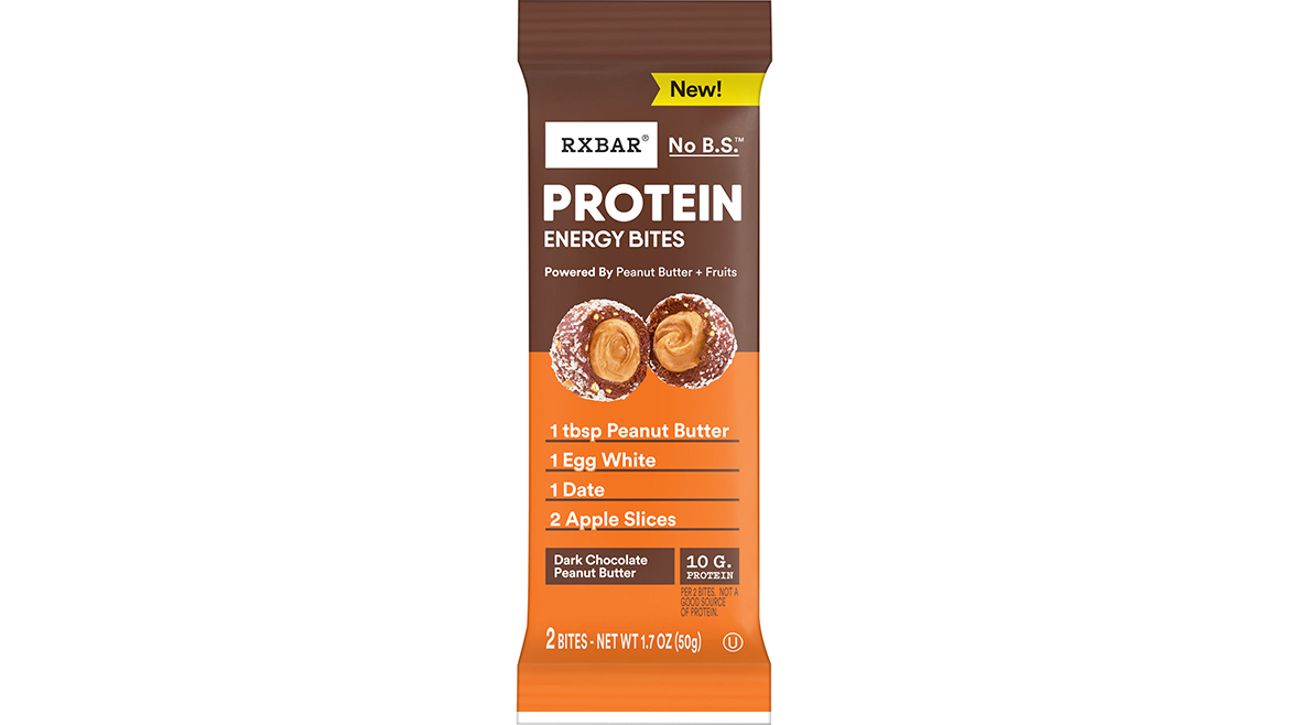 RXBar Dark Chocolate Peanut Butter Protein Bites, in brown and orange packaging.
