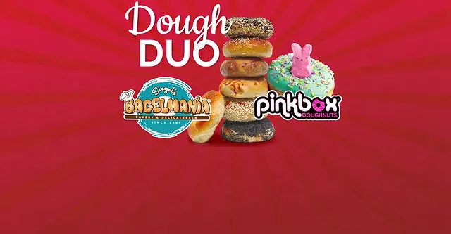 Image promoting "Dough DUO" featuring a stack of bagels and a donut with a Peeps bunny, alongside logos for Siegel's Bagelmania and Pinkbox Doughnuts.