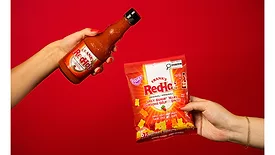 This image features a collaboration between Frank's RedHot and Huer Foods to create Spicy Gummy Bears. 
