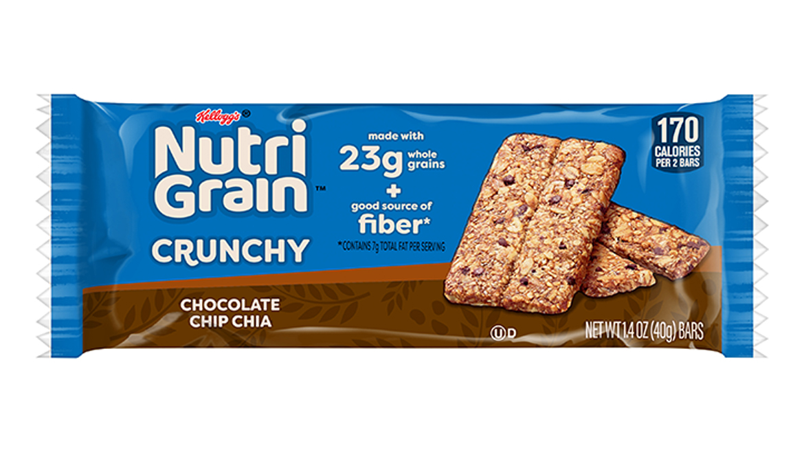 NutriGrain Crunchy Chocolate Chip Chia in blue and brown packaging.