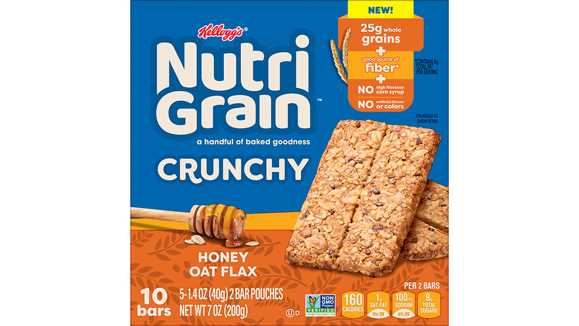NutriGrain Crunchy Honey Oat Flax flavor in orange and blue packaging.