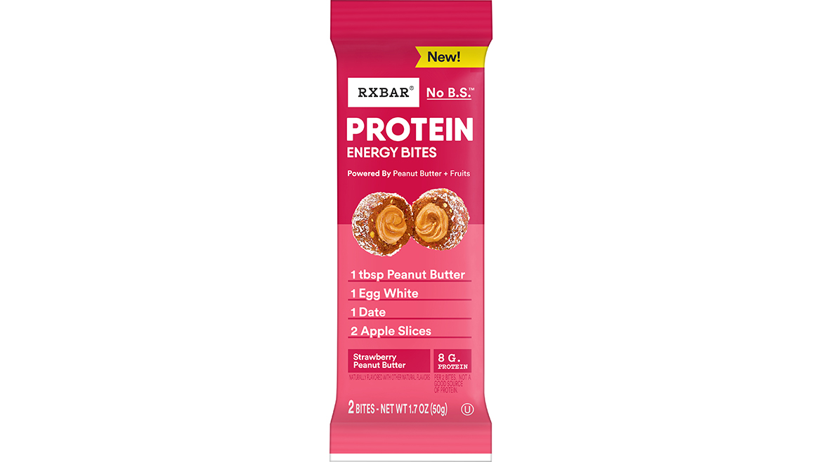 RXBar Strawberry Peanut Butter Protein Bites, in pink packaging.